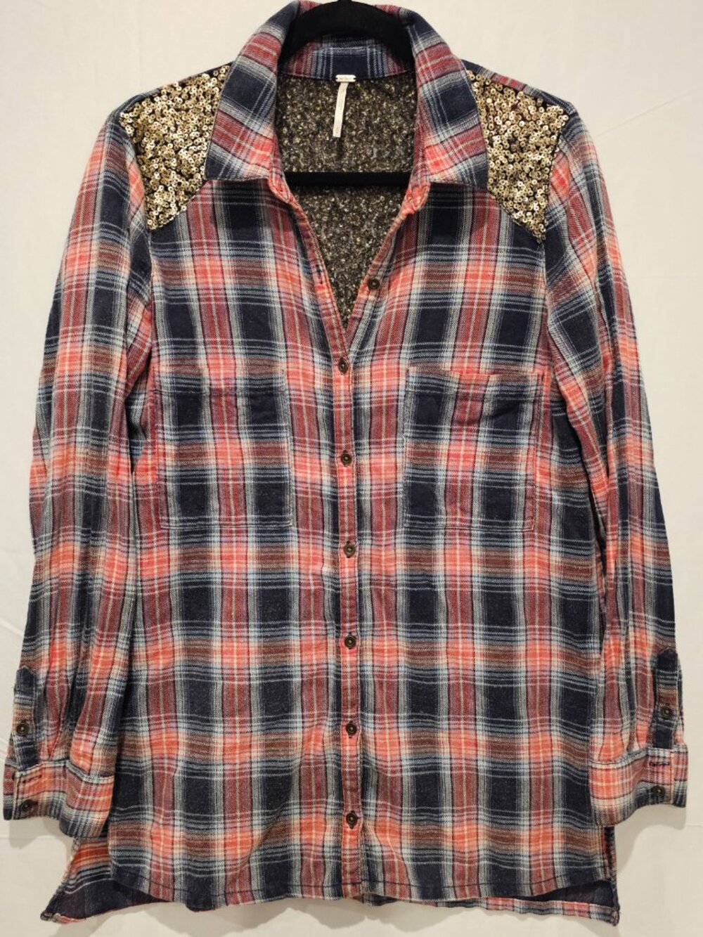 Free People Sequin Flannel Shirt Plaid Small Button Down Little Bit Sugar